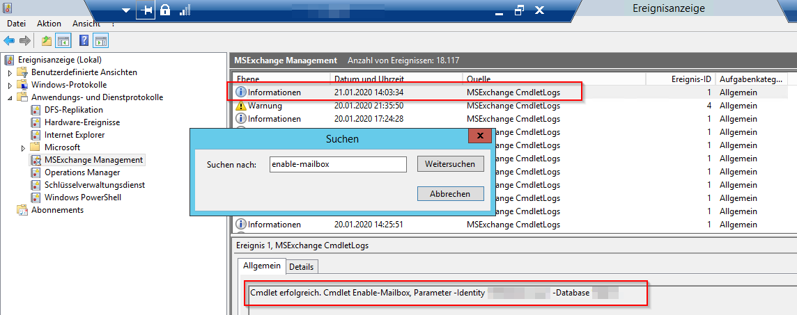 Checking the MSExchange Management Event Log for mailbox creations