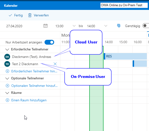 Outlook on the Web: Abruf von Free/Busy Zeiten von Exchange Online zu Exchange On-Premise - erfolgreich