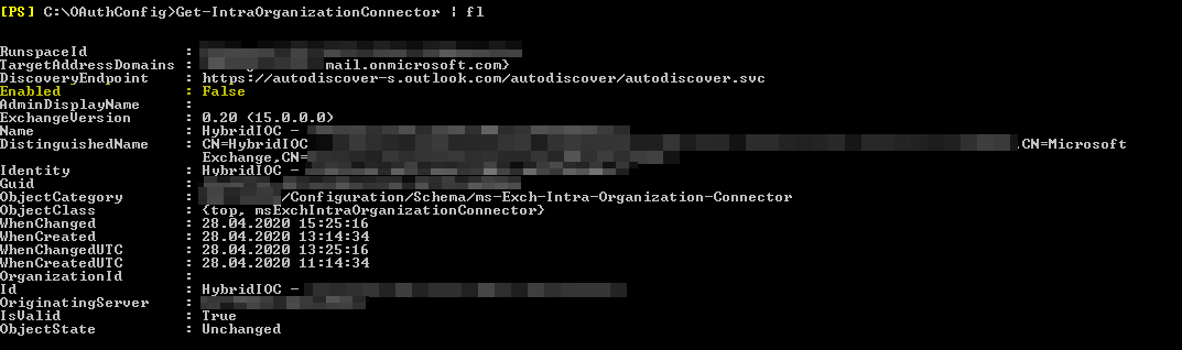 &ldquo;Get-IntraOrganizationConnector | fl&rdquo; - &ldquo;Enabled&rdquo; steht auf &ldquo;False&rdquo;