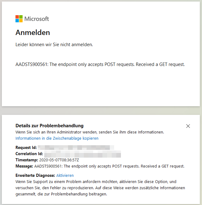 Error: We couldn&rsquo;t log you in  - AADSTS900561: The endpoint only accepts POST requests. Received a GET request. May be ignored in this case.