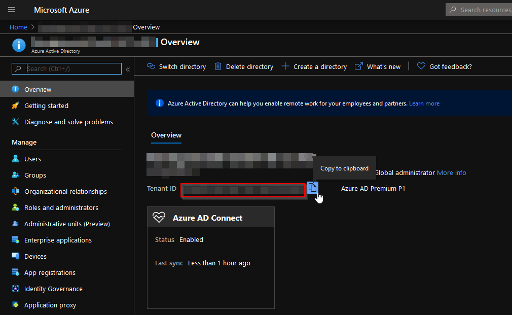 Die Tenant ID ist in Azure Active Directory auf der Overview Seite zu finden.
