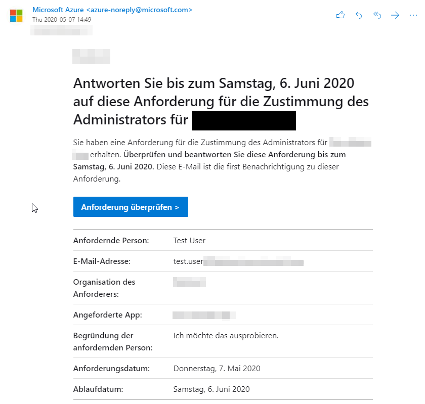 E-Mail showing an Enterprise Application - Admin consent request