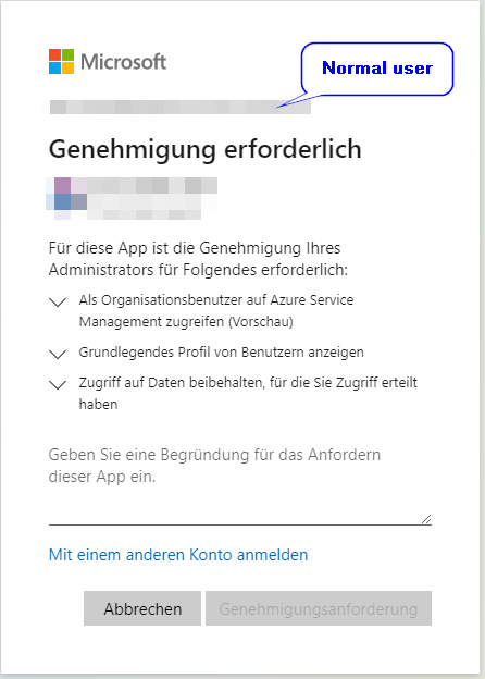 Notification for the enduser when trying to use a new app - Approval Required - The required permissions are listed. It&rsquo;s necessary to enter a reason for the request.