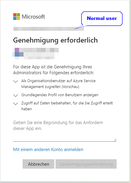 Hinweis für Endanwender bei Benutzung der App - Genehmigung erforderlich. Die Rechte der App werden aufgeführt. Es muss eine Begründung für die Anfrage eingegeben werden.