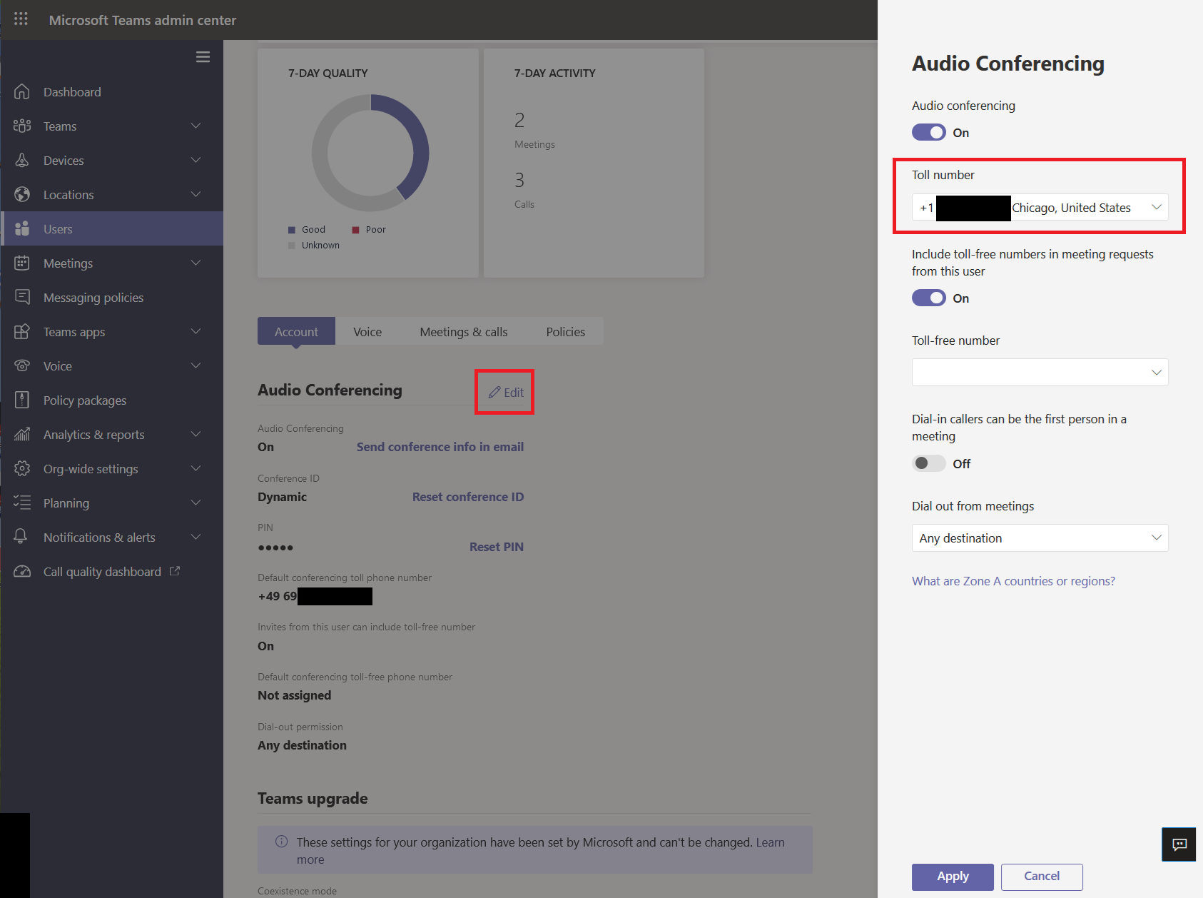Microsoft Teams Admin Center with options to change the dialin number for a user.