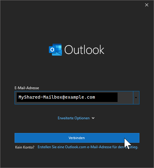 Outlook Konto Einrichtung: Einbinden einer SharedMailbox als Konto.
