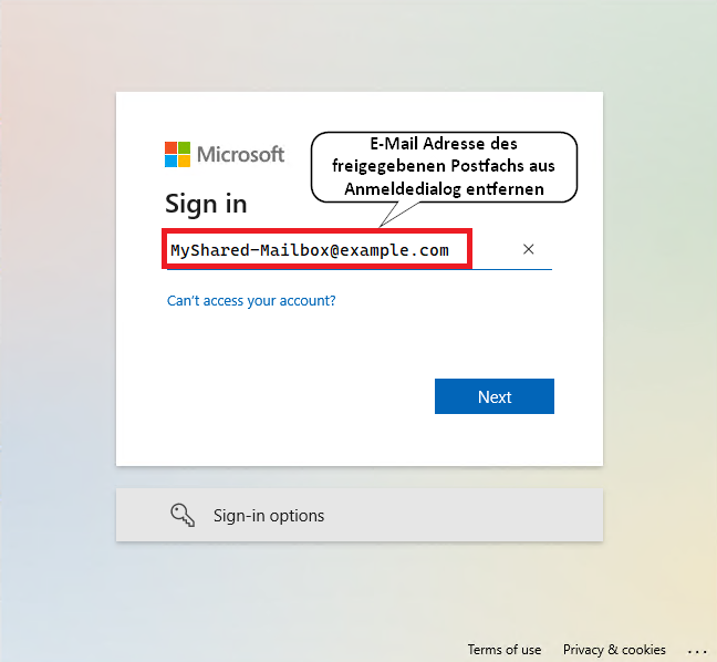 Outlook Konto Einrichtung: E-Mail-Adresse der SharedMailbox entfernen.
