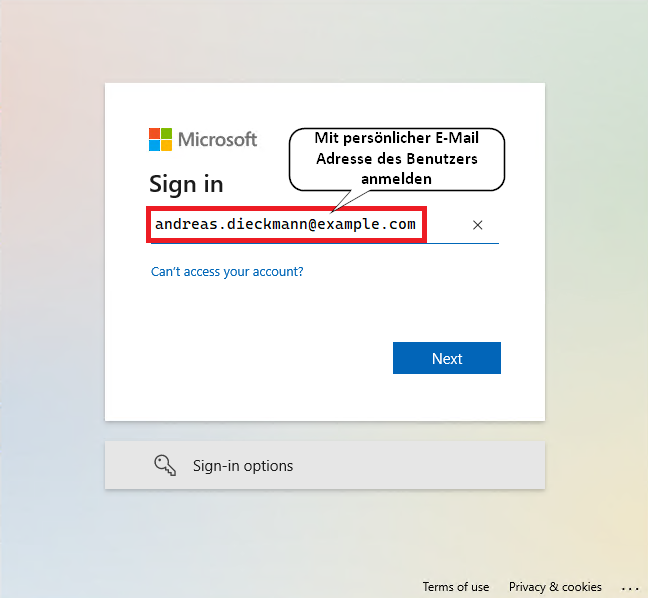 Outlook Konto Einrichtung: E-Mail-Adresse des Benutzers eingeben.
