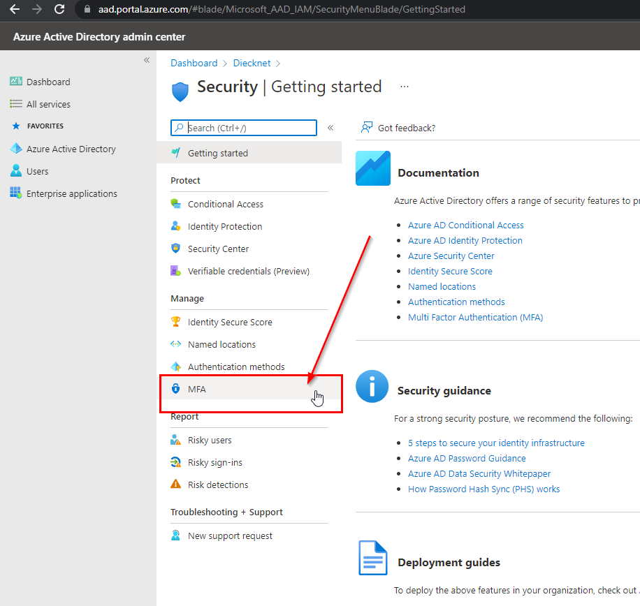 Azure AD Admin Portal - Security - Open MFA
