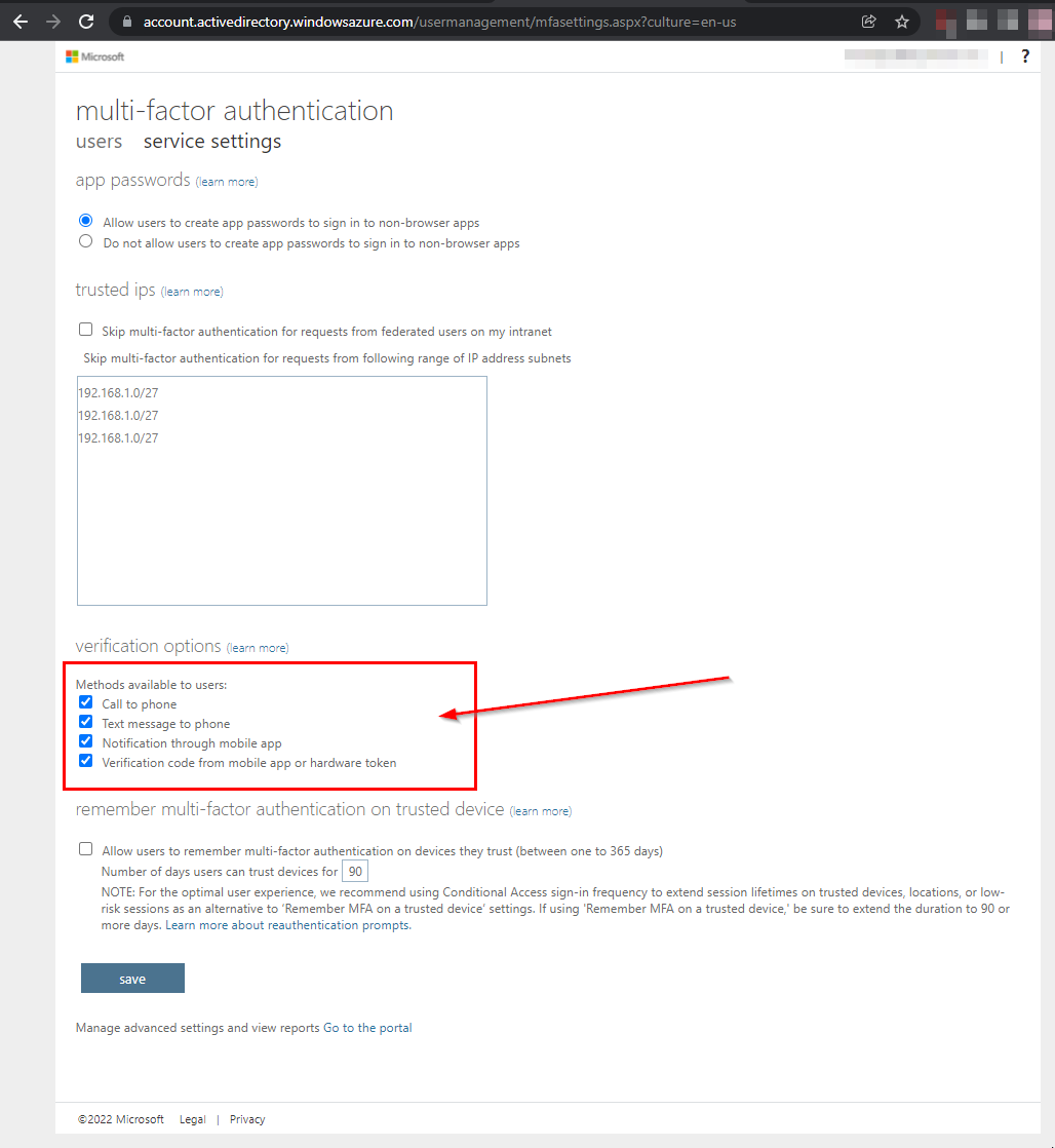Azure AD Classic MFA Admin Portal