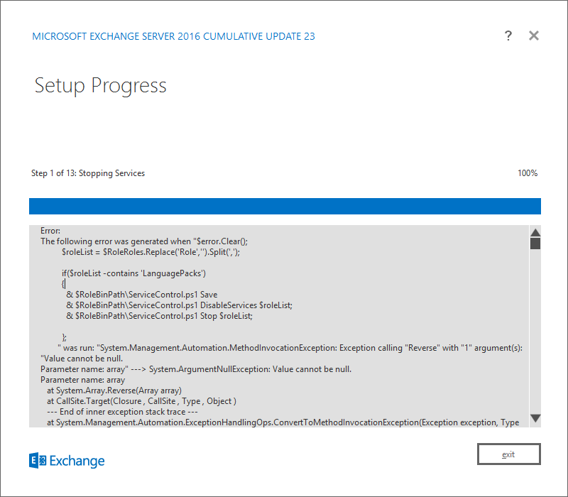 Exchange Server 2016 CU23 Setup Assistant - Fails at Step 1 Stopping services