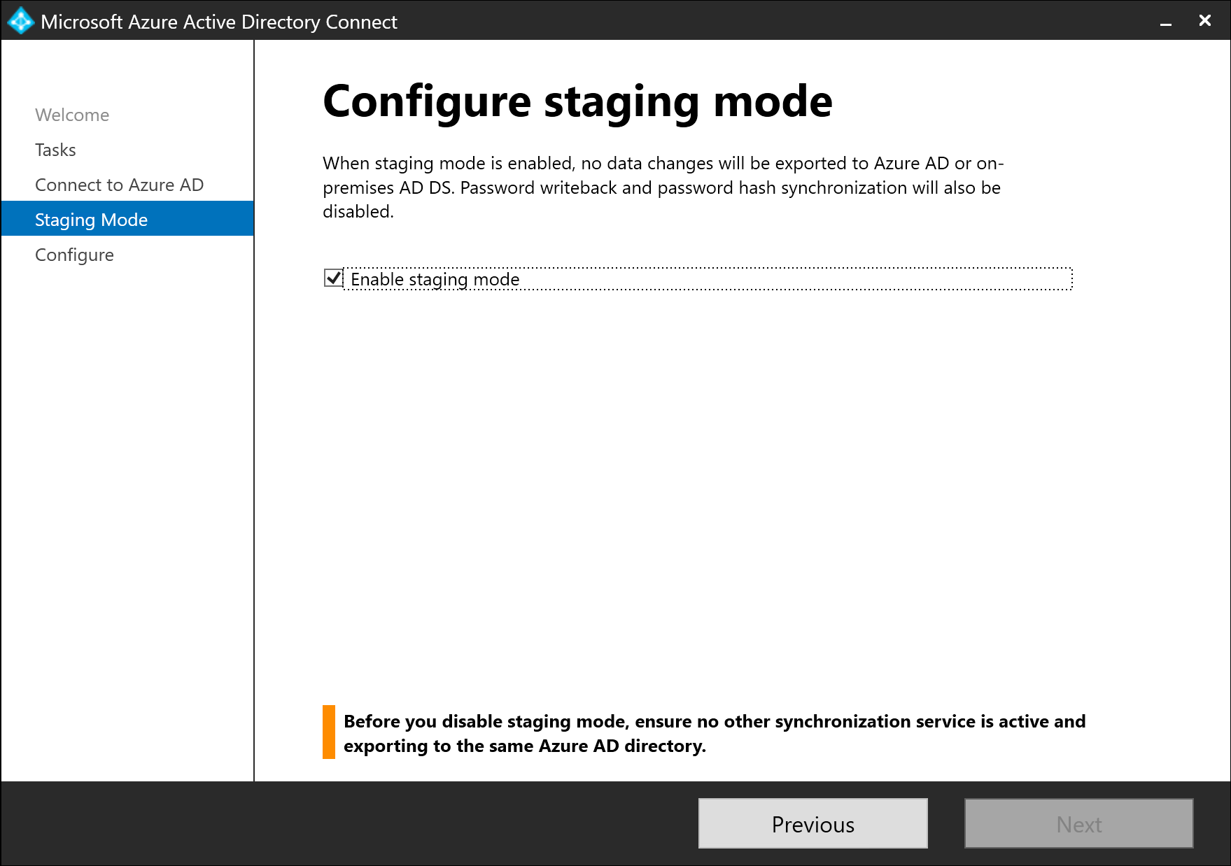 Verification of Azure AD Connect Staging Mode in the Wizard