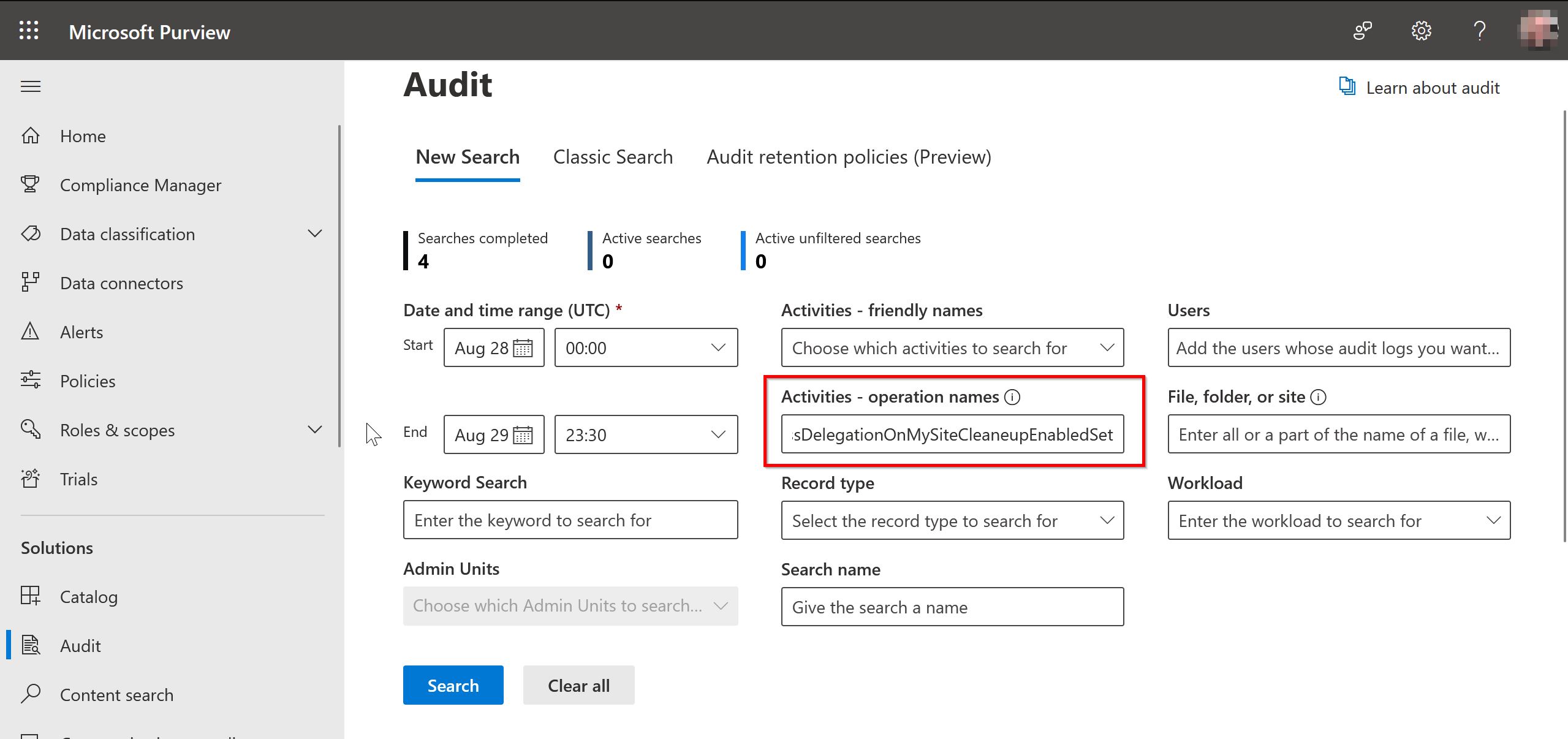 Search the M365 Audit Log for SharePoint Online - My Site settings - Cleanup - Change events