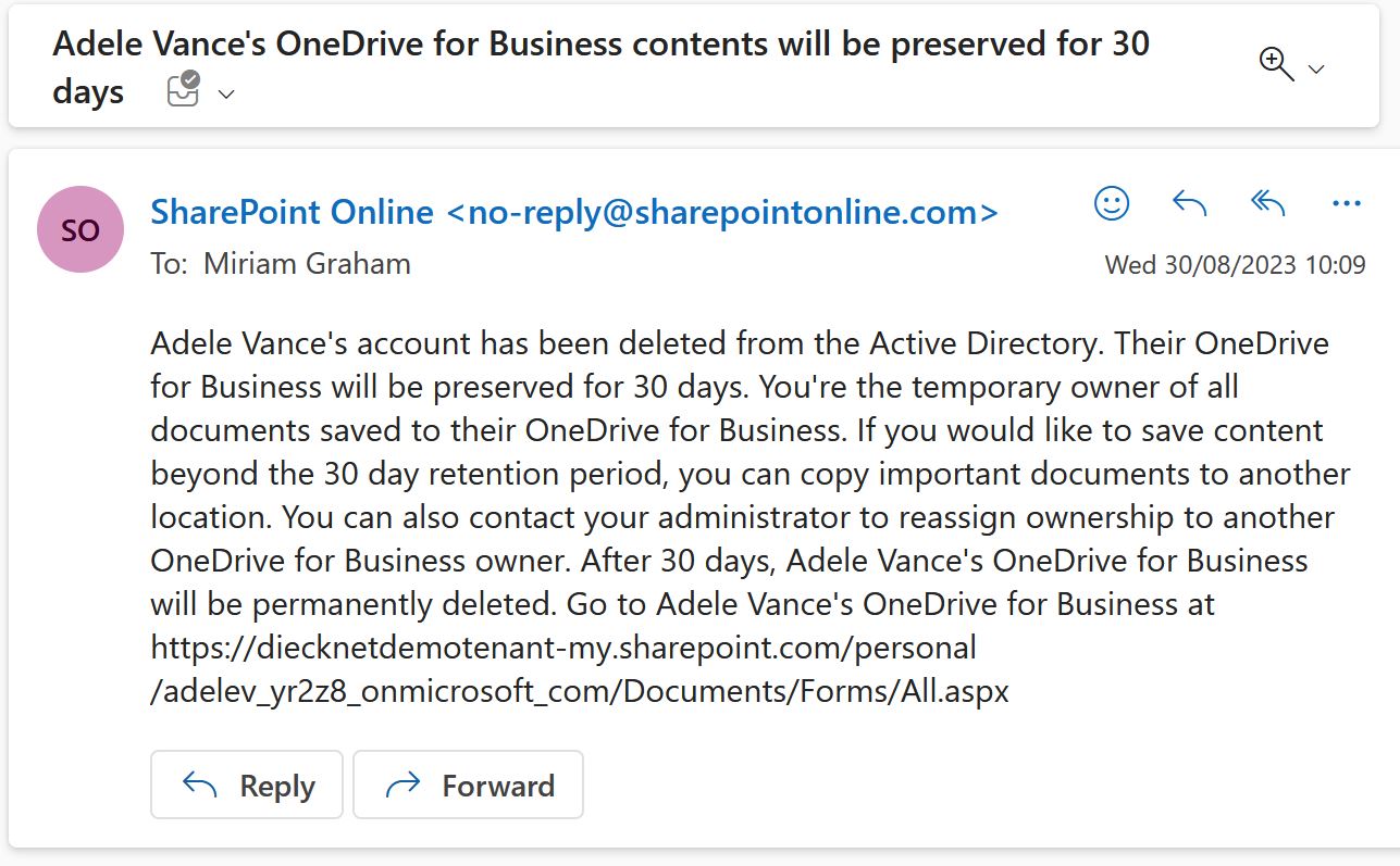 Info E-Mail to a manager regarding OneDrive of a subordinate